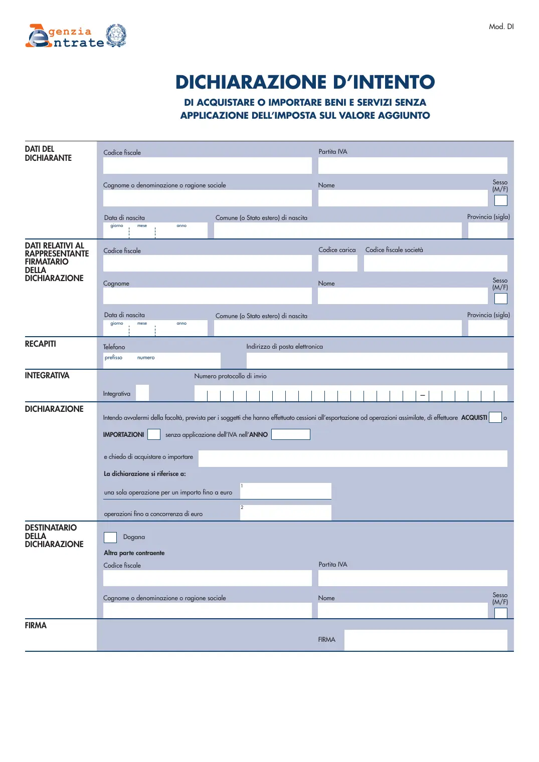 Dichiarazione d'intento (esportatori abituali), pagina 1