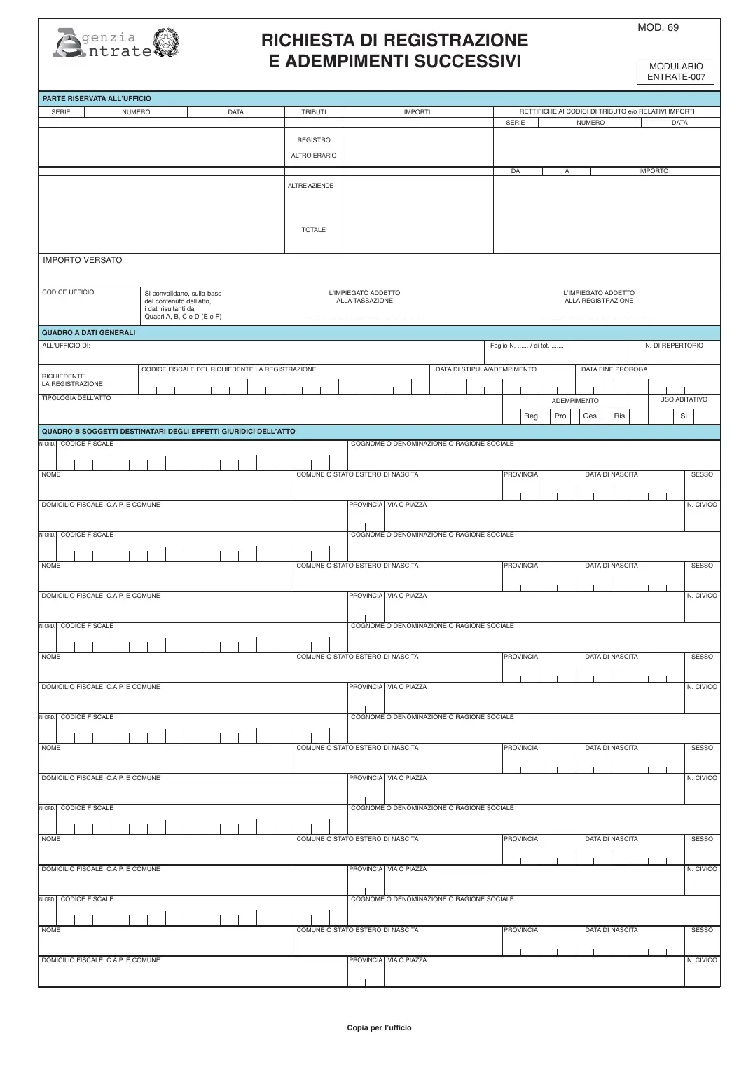 Modello 69 (richiesta di registrazione), pagina 1