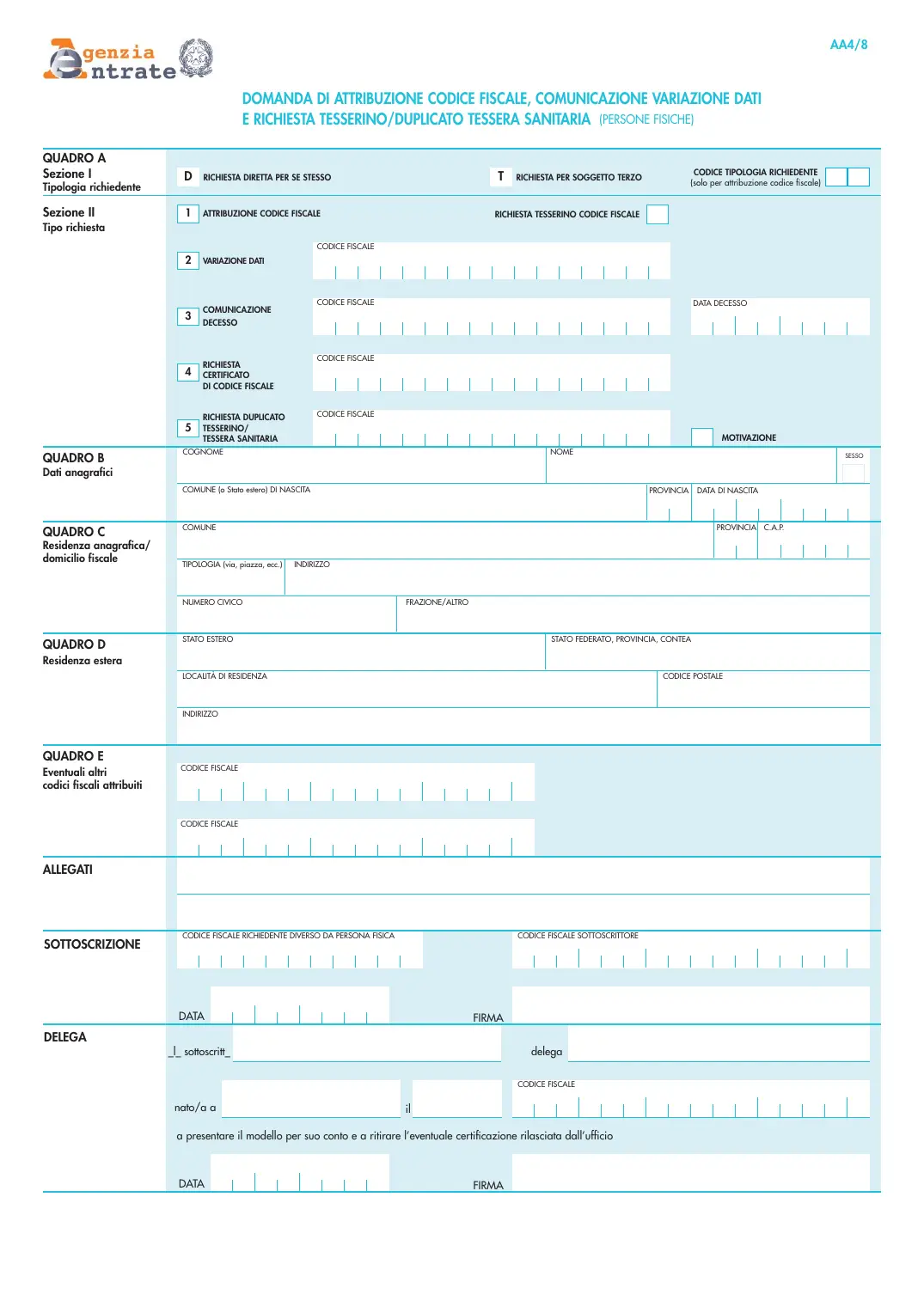 Modello AA4/8 (codice fiscale e tessera sanitaria), pagina 1