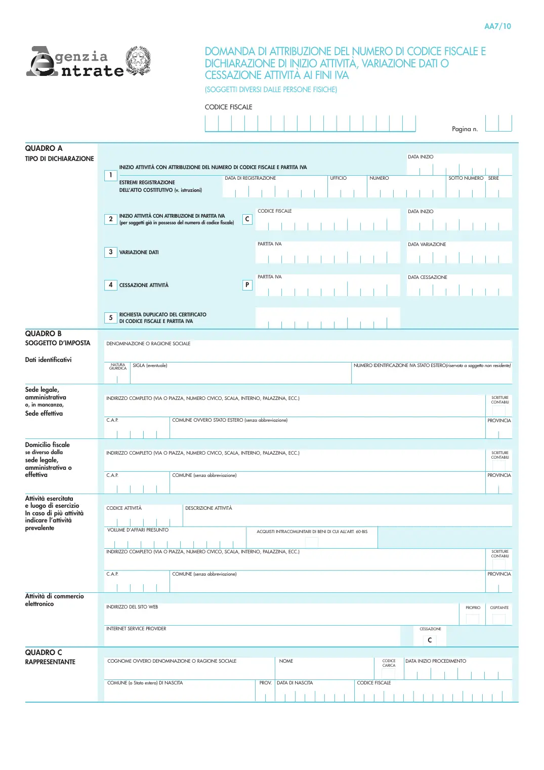 Modello AA7/10 (partita IVA di società, enti e associazioni), pagina 1