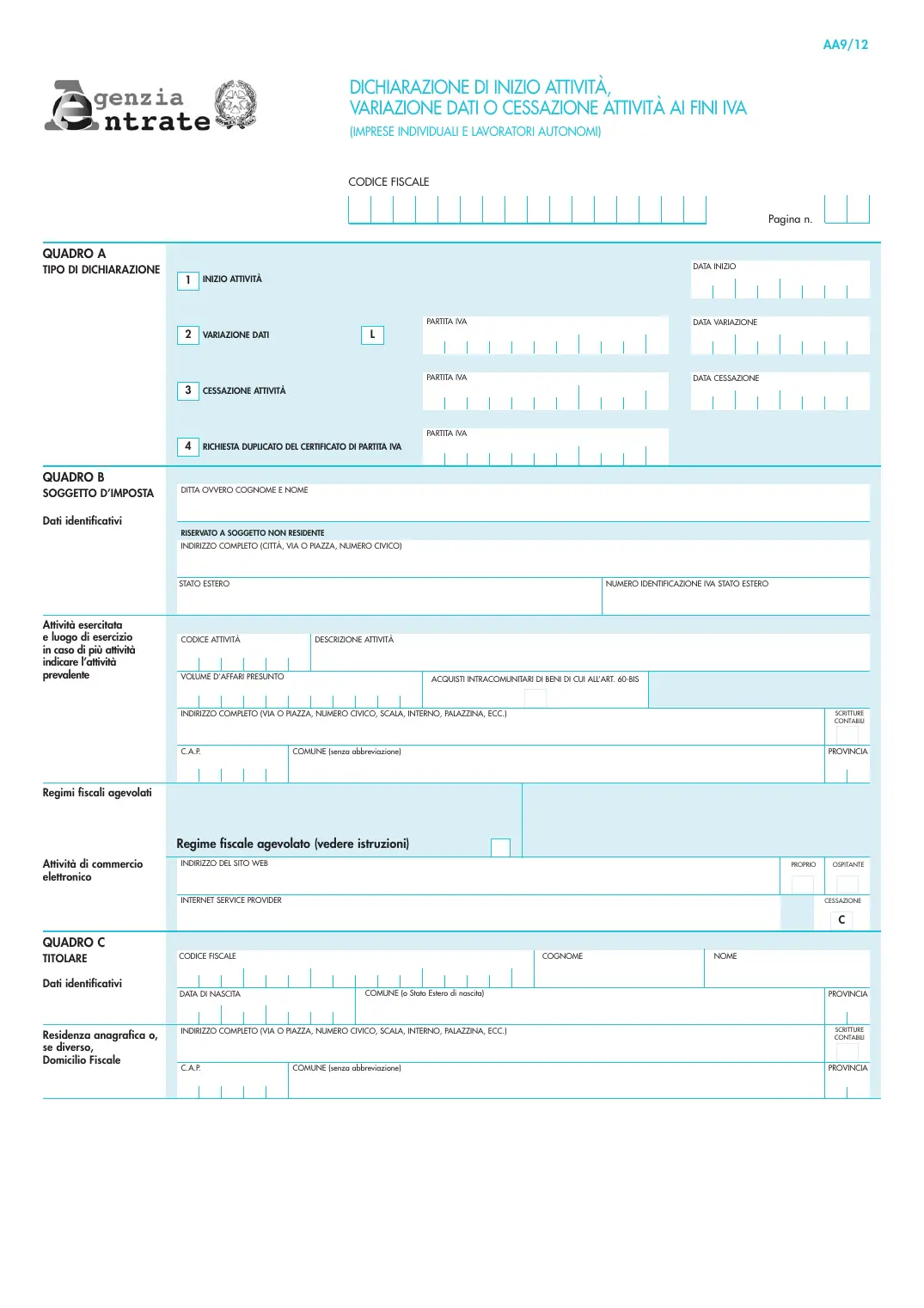 Modello AA9/12 (partita IVA persone fisiche), pagina 1