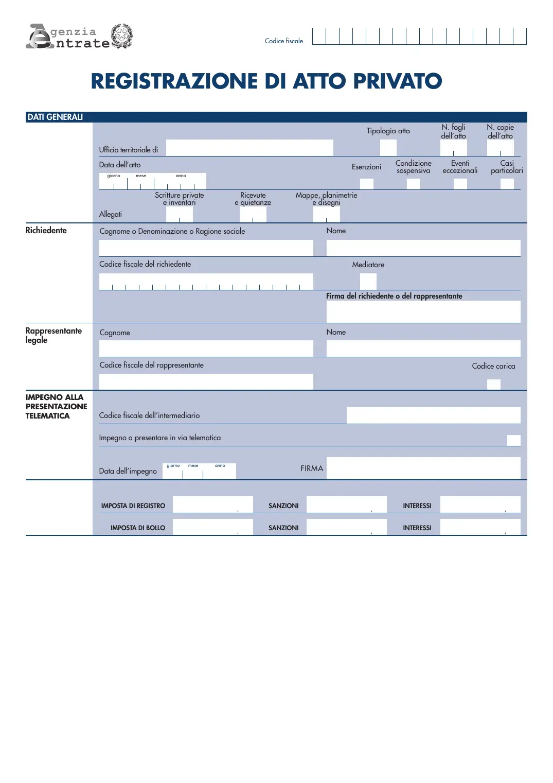 Modello RAP (registrazione atti privati), pagina 1