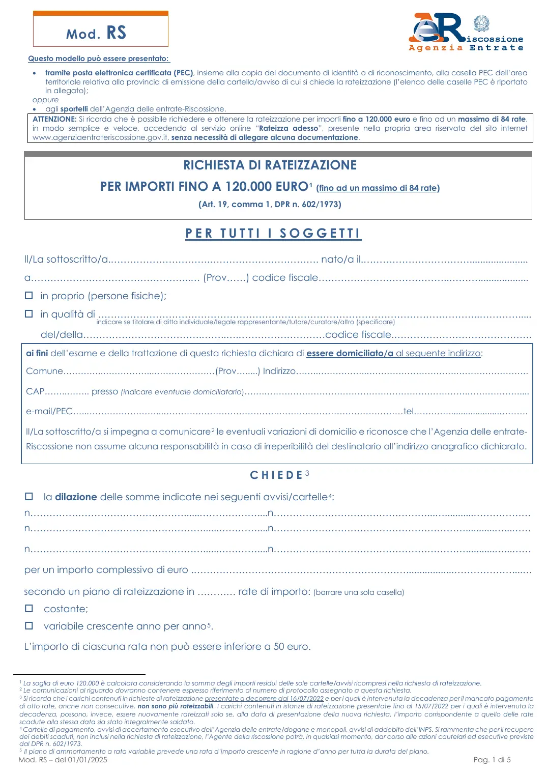 Rateizzazione cartelle Agenzia Entrate-Riscossione (modello RS), pagina 1