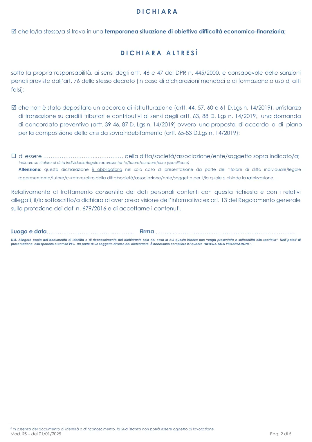 Rateizzazione cartelle Agenzia Entrate-Riscossione (modello RS), pagina 2